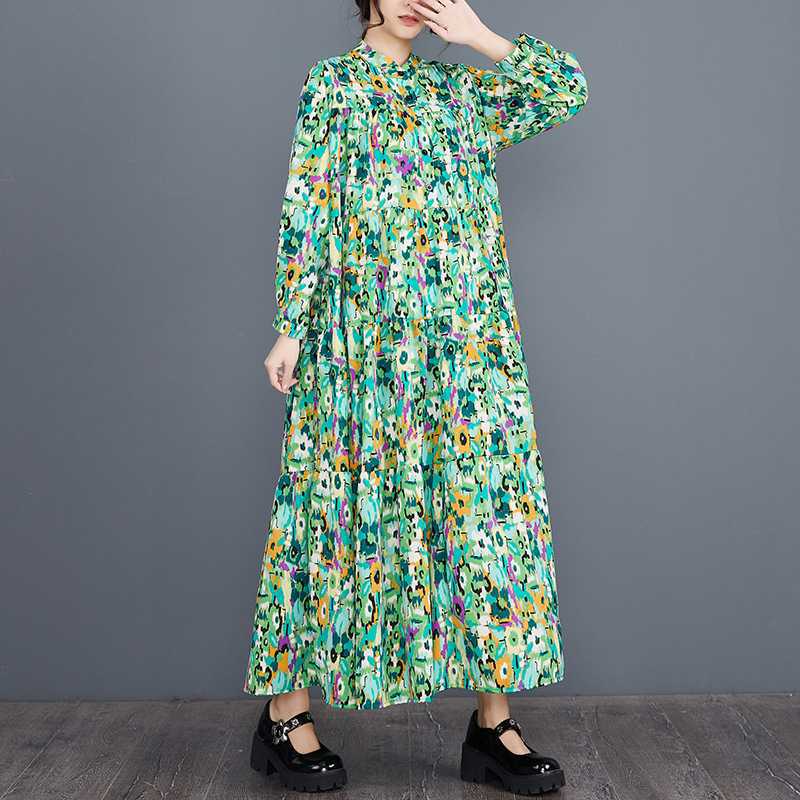 

Реальное наличие Весна и Лето Новое Свободное Большого размера Модное Принтованное Сшивное Платье-торт с длинным рукавом one size fits all