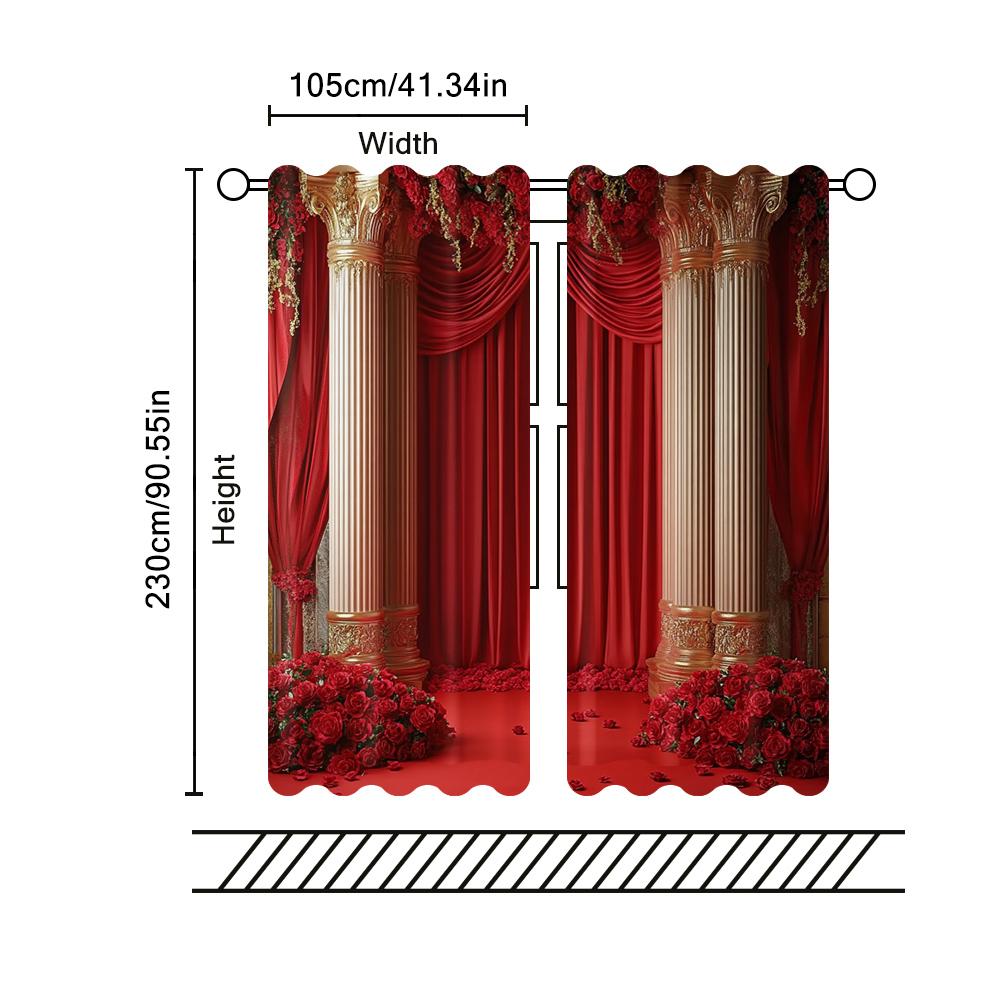 2pc    Spring Popular Curtain Red Flower Wedding Durable 100% Polyester Fabric  Without Electricity Spring Party & Holiday Decor