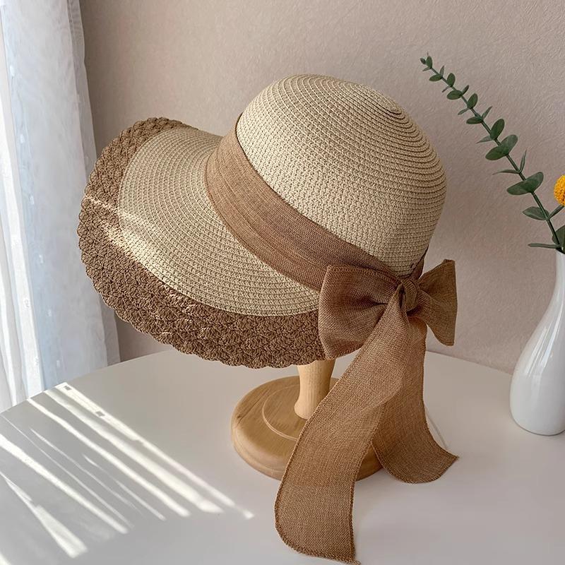 Lace Bow Straw Hat Women's Summer French Large Brim Sunscreen Hat Seaside Beach Vacation Sun Hat