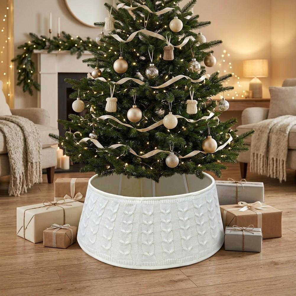 White Knit Fabric Tree Skirt with Balanced Diameter and Proportional Height Coverage for Standard Tree Trunk Areas