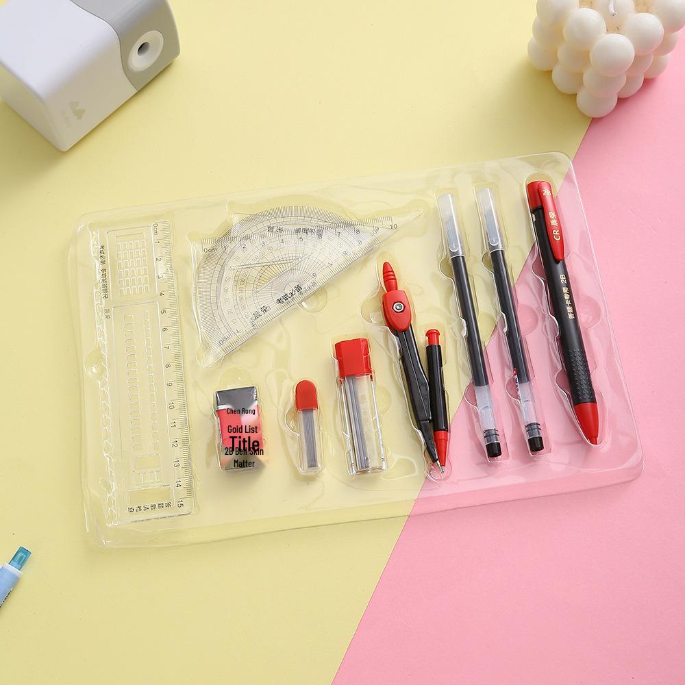 12-Piece Exam Stationery Set: Triangle Ruler, Compass, Pens, Pencils, Answer Sheet Pen