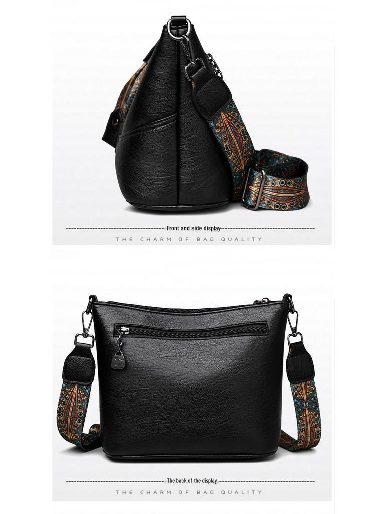2025 Women's Versatile Embroidered Bucket Bag with Wide Strap - Large Capacity Shoulder & Crossbody