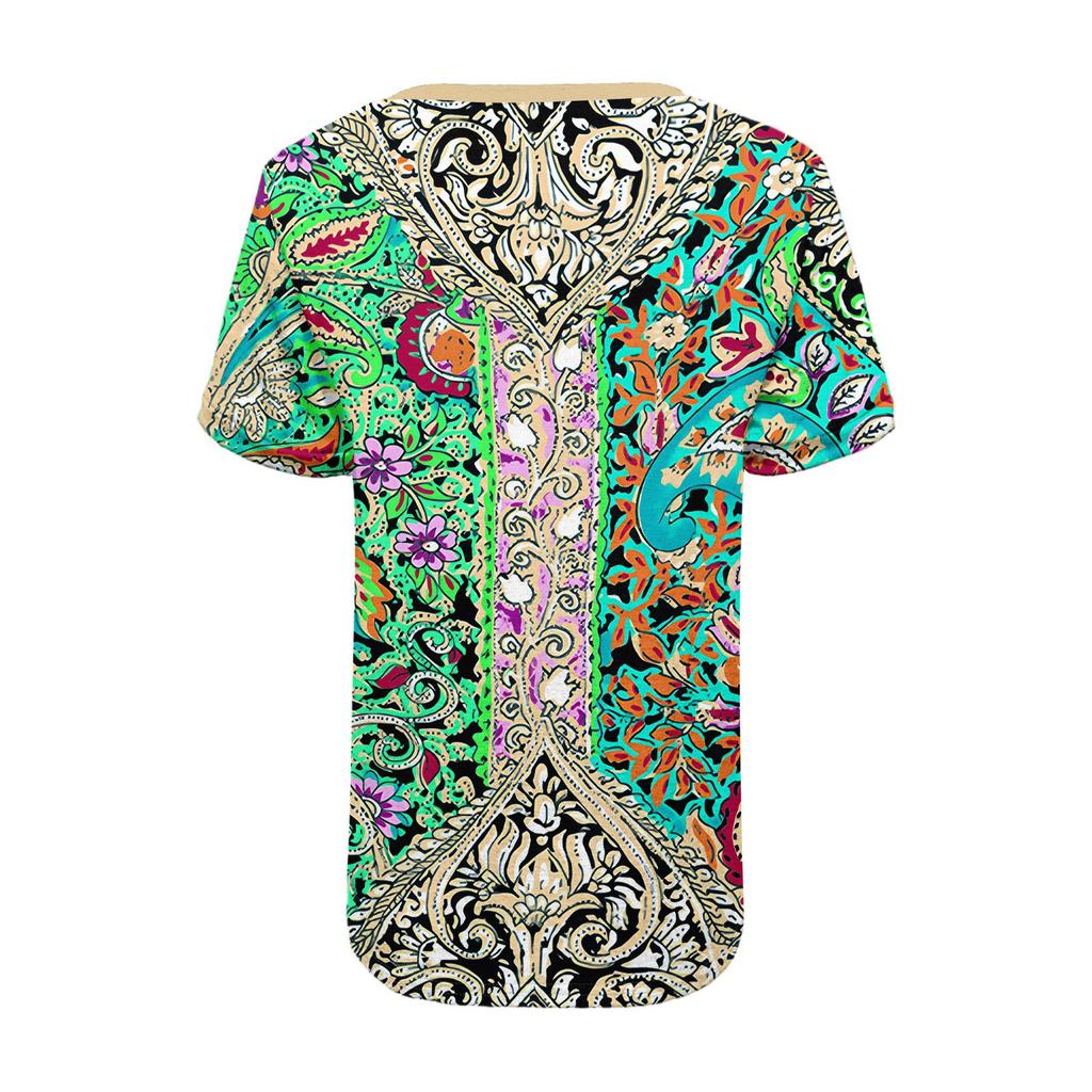 Modieuze Casual Dames Zomer Top met Retro Print, V-hals, Knopen en Korte Mouwen