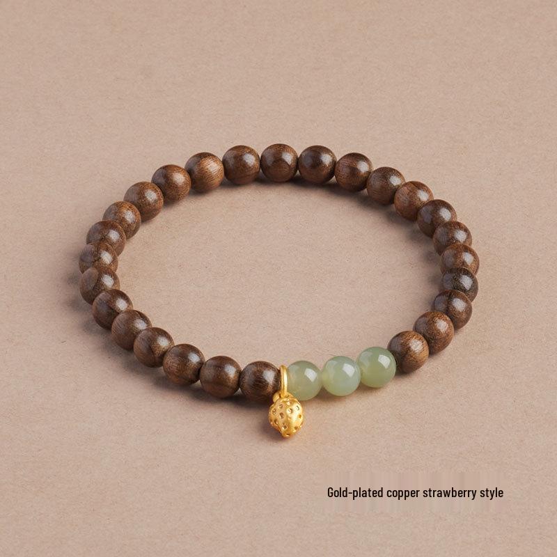 

Женский браслет из дерева Иньчэнь с милой клубничкой и нефритом Хэтянь - Изящный, Свежий, Литературный и Ретро стиль