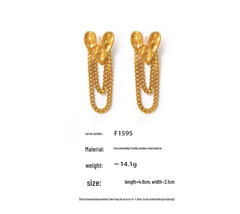 European & American Retro Heart Tassel Earrings - Hammered Texture Stainless Steel