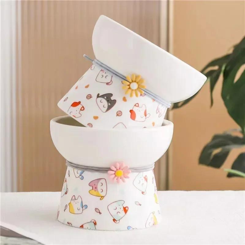Pet Ceramic Basin Cat Basin Cat Bowl High Feet Cute Cat Food Bowl Puppy Bowl with Placemat Anti-tip Drinking Bowl