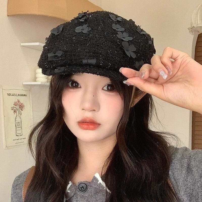 

Sweet and cute flower forward hat versatile face little beret autumn hat women s casual newsboy hat One Size
