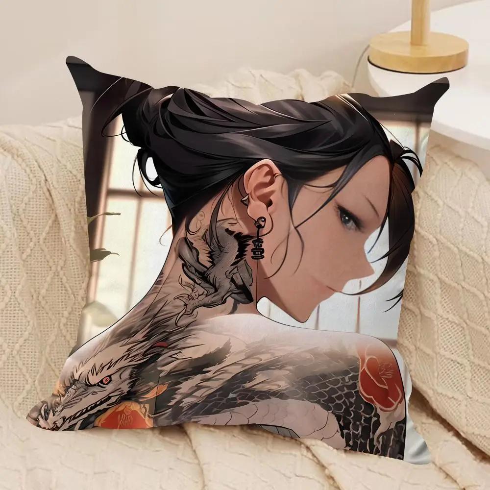 Girl Tattoos Japan Cushion Cover Silky Short Plush Invisible Zipper Dustproof Sofa Pillow Case For Home Decor