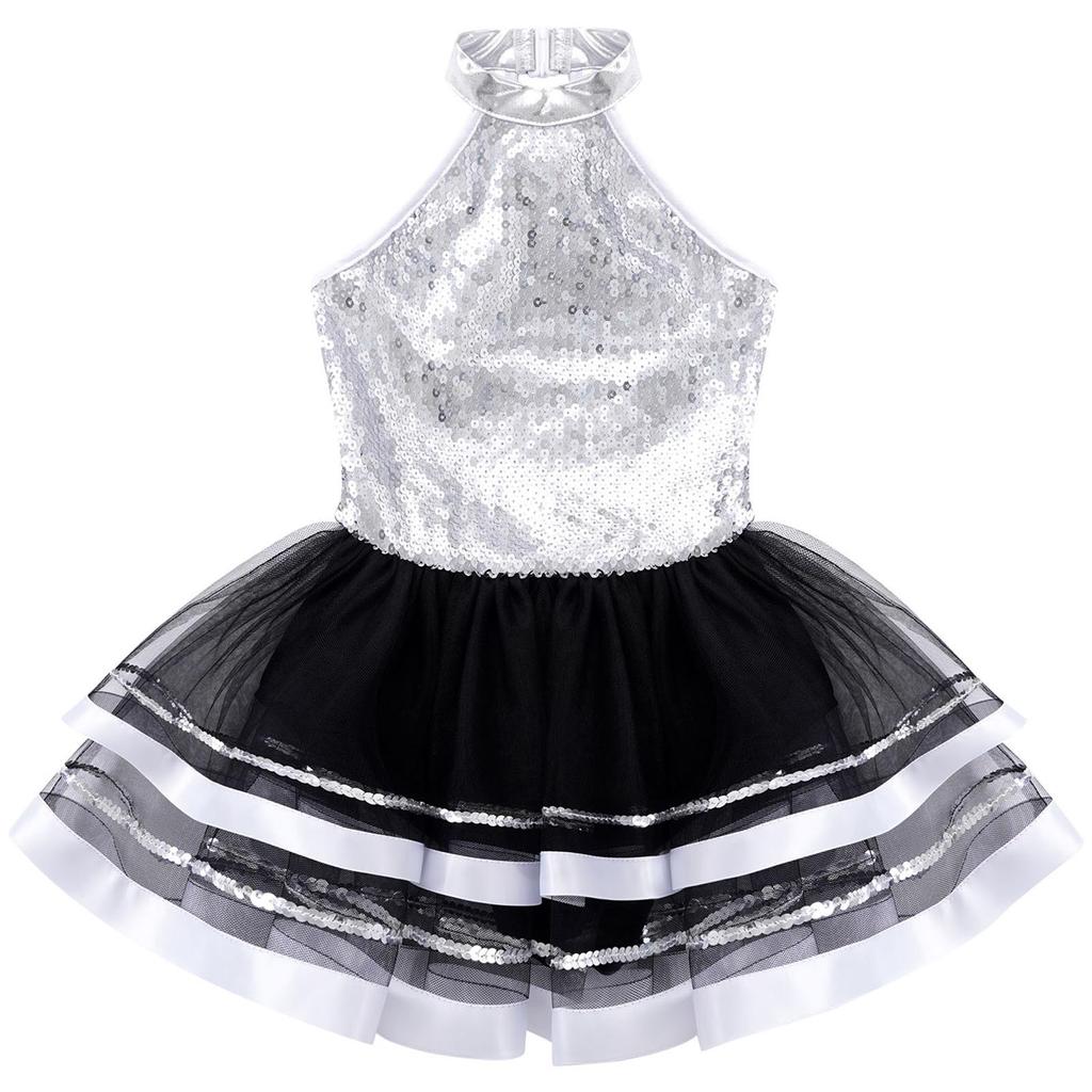 Girls Kids Sparkling Sequins Ballet Tutu Dress Modern Jazz Dance Outfit Stage Performance Costume Dancewear