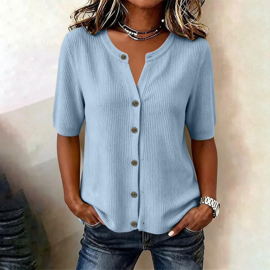 Women Ribbed Knit Short Sleeve Button Up Top V Neck Lightweight Casual Blouse Summer Wear Slim Fit Soft Fabric
