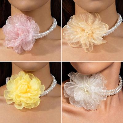 Accessories, French Elegant Pearl Necklace, Sweet Fabric Mesh Flower Collarbone Chain Necklace