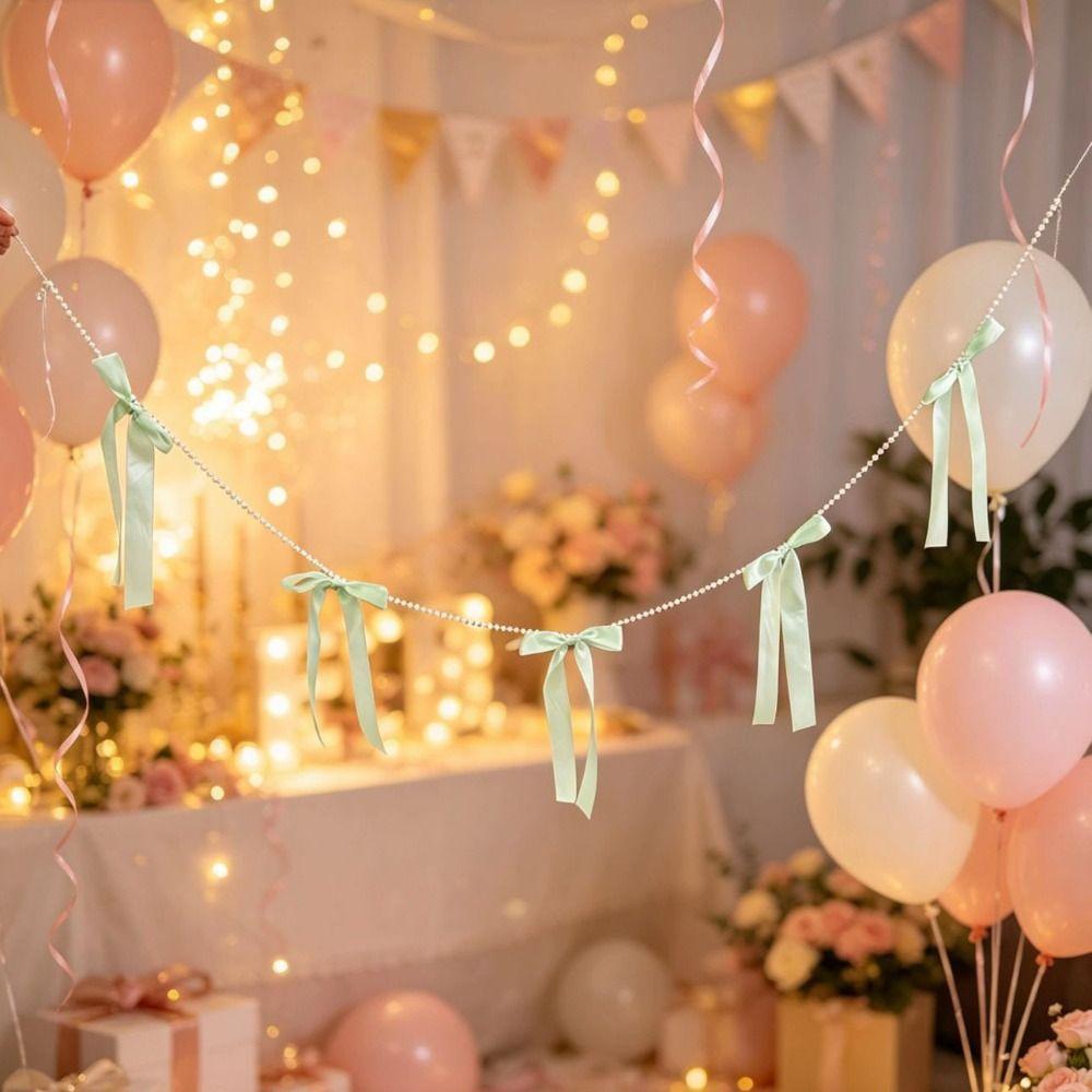 Faux Pearl Bowknot Banner Hanging Pendant Reusable Bow Beaded Garland Birthday Decor