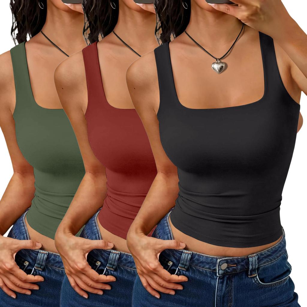 Women's Fashion Basic Sleeveless Tank Top Square Neck Stretch Slim Fit Casual Summer Layering Shirt