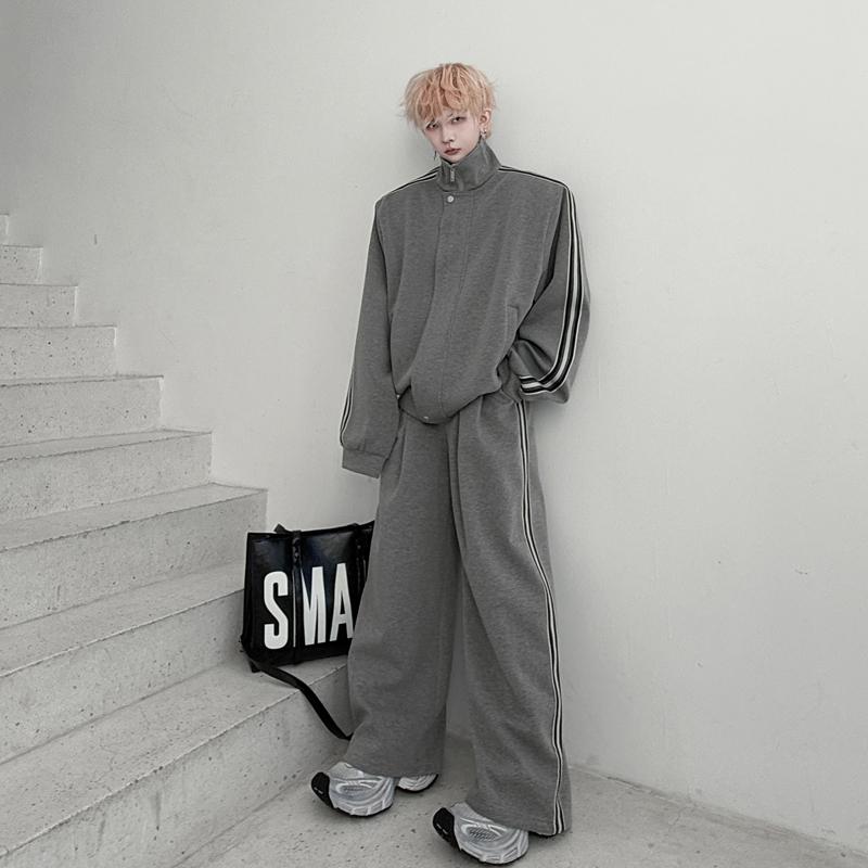Spring retro stand-up neck cardigan sweater set men's niche webbing decorative design casual trousers sports two-piece set