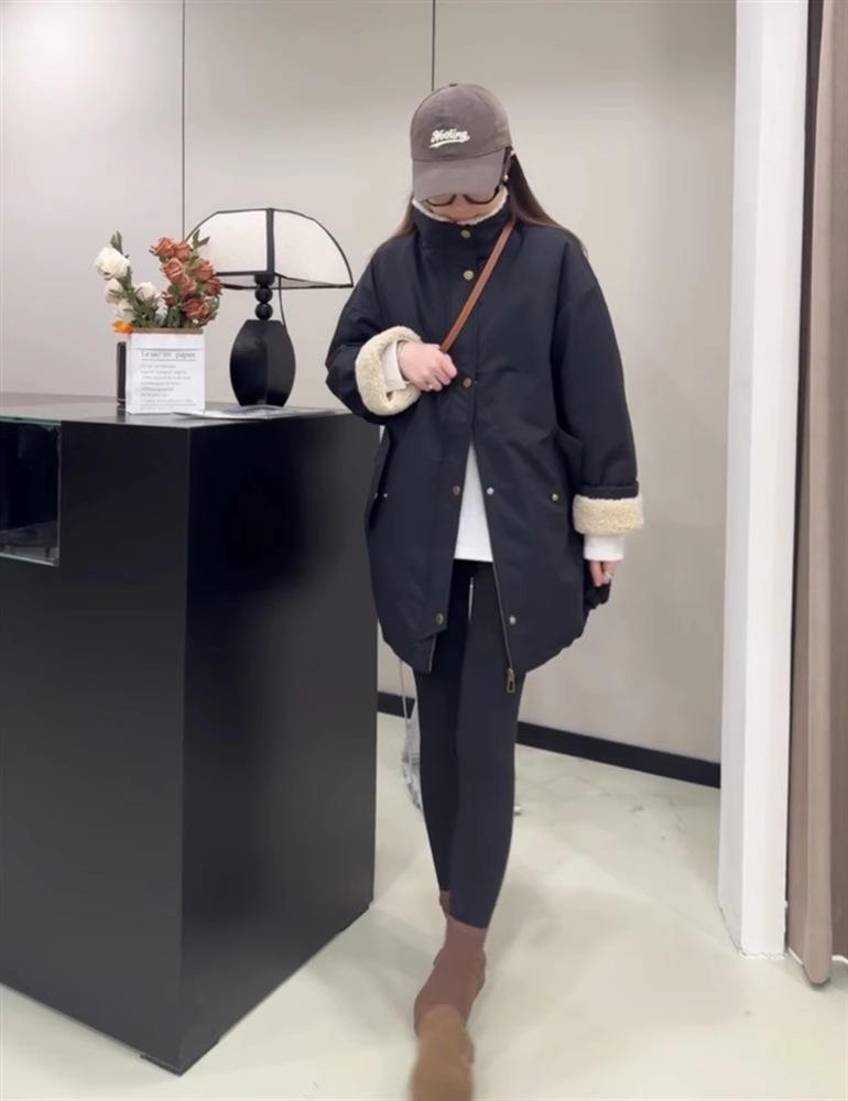 Women's Fleece-Lined Lambswool Parka with Stand-Up Collar - European Style 2024 Autumn/Winter