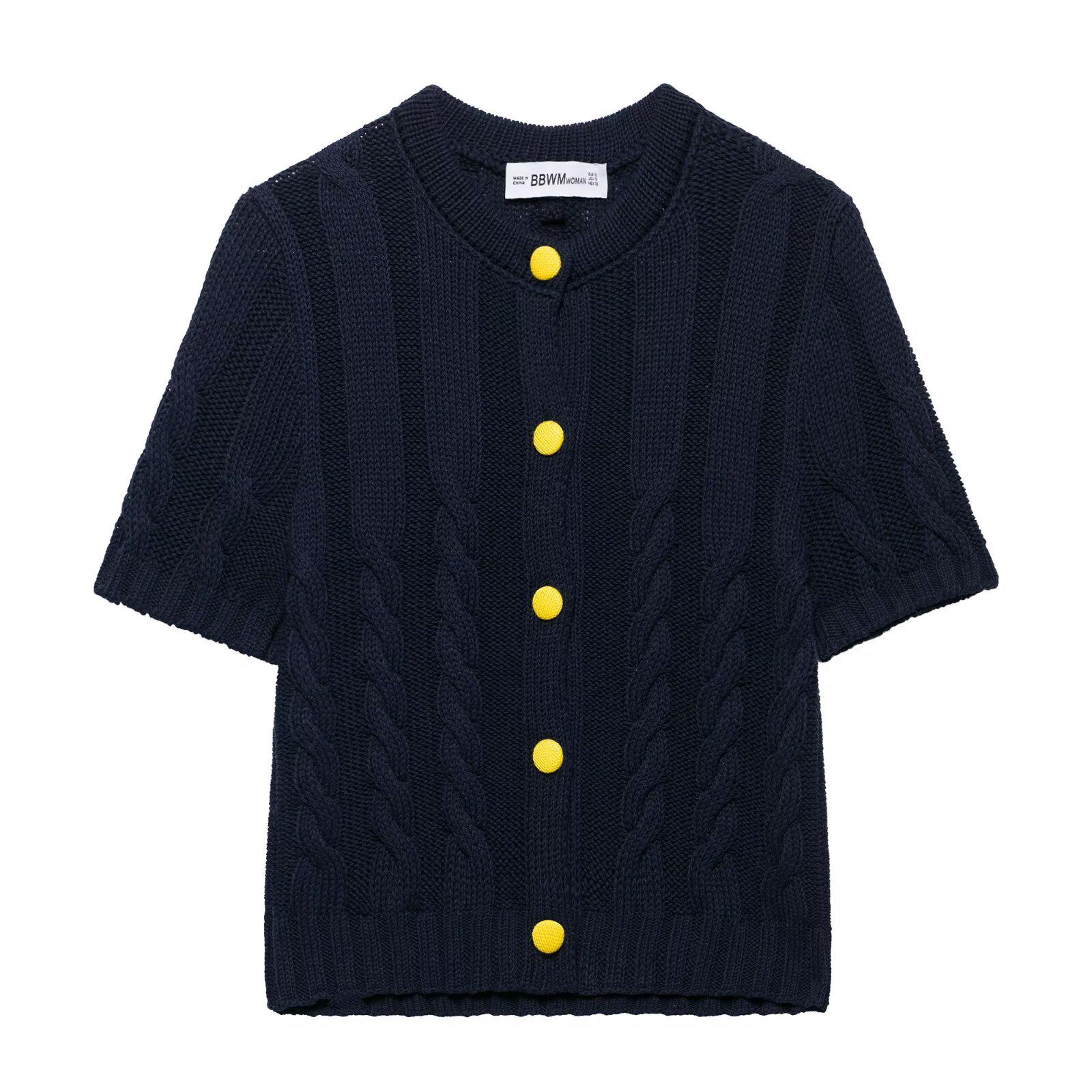 

Женская мода весна 2025: Вязаный кардиган на пуговицах в стиле колор-блок S синий