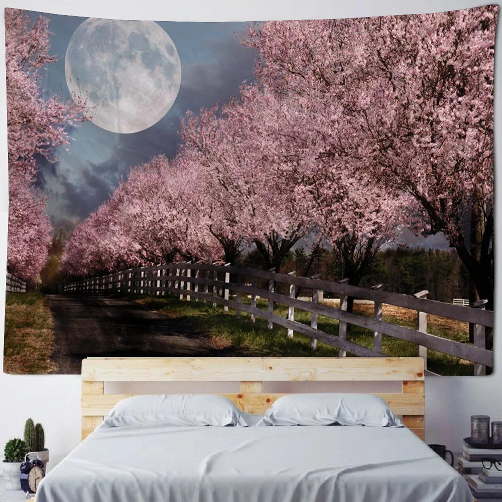 Pink Cherry Blossom Forest Pattern Tapestry Home Wall Decoration Tapestry Bedroom Living Room Tapestry
