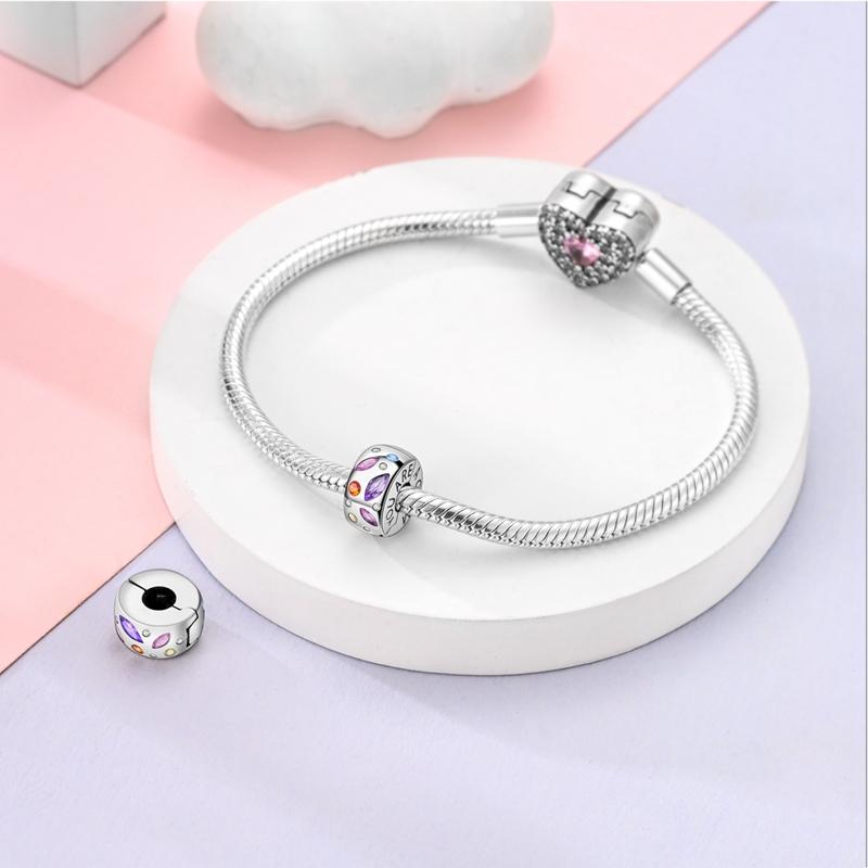 Copper Sparkling Zircon Colorful Positioning Buckle Charm Compatible With Authentic Pandora Charm Bead Charms Bracelets Women Do It Yourself Jewellery