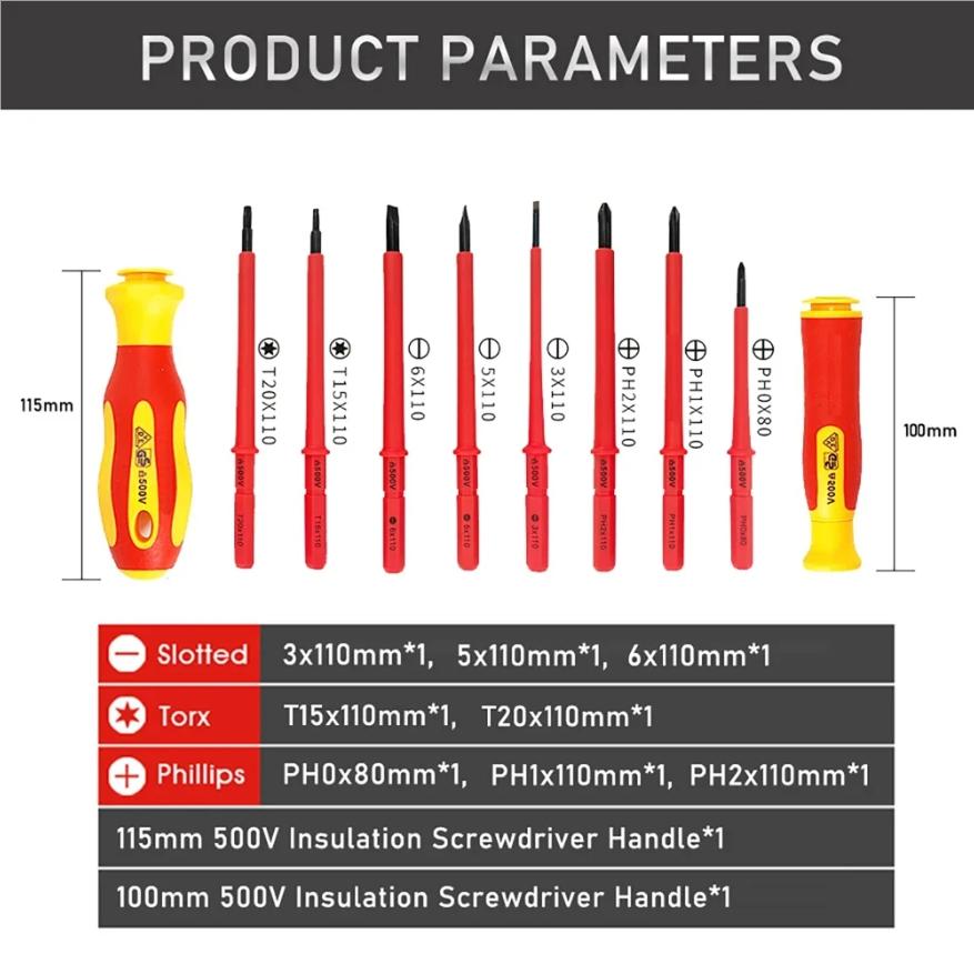 10Pcs Interchangeable Blade VDE Insulated Screwdriver Set with Case Magnetic 500V Home and Professional Use Electricians Tools