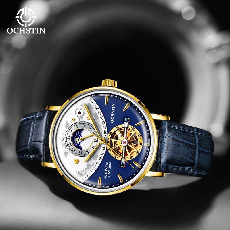 Ochstin New Model Sun And Moon Fully Automatic Watch Flywheel Mechanical Movement Watch Leather Strap Men's Mechanical Watches