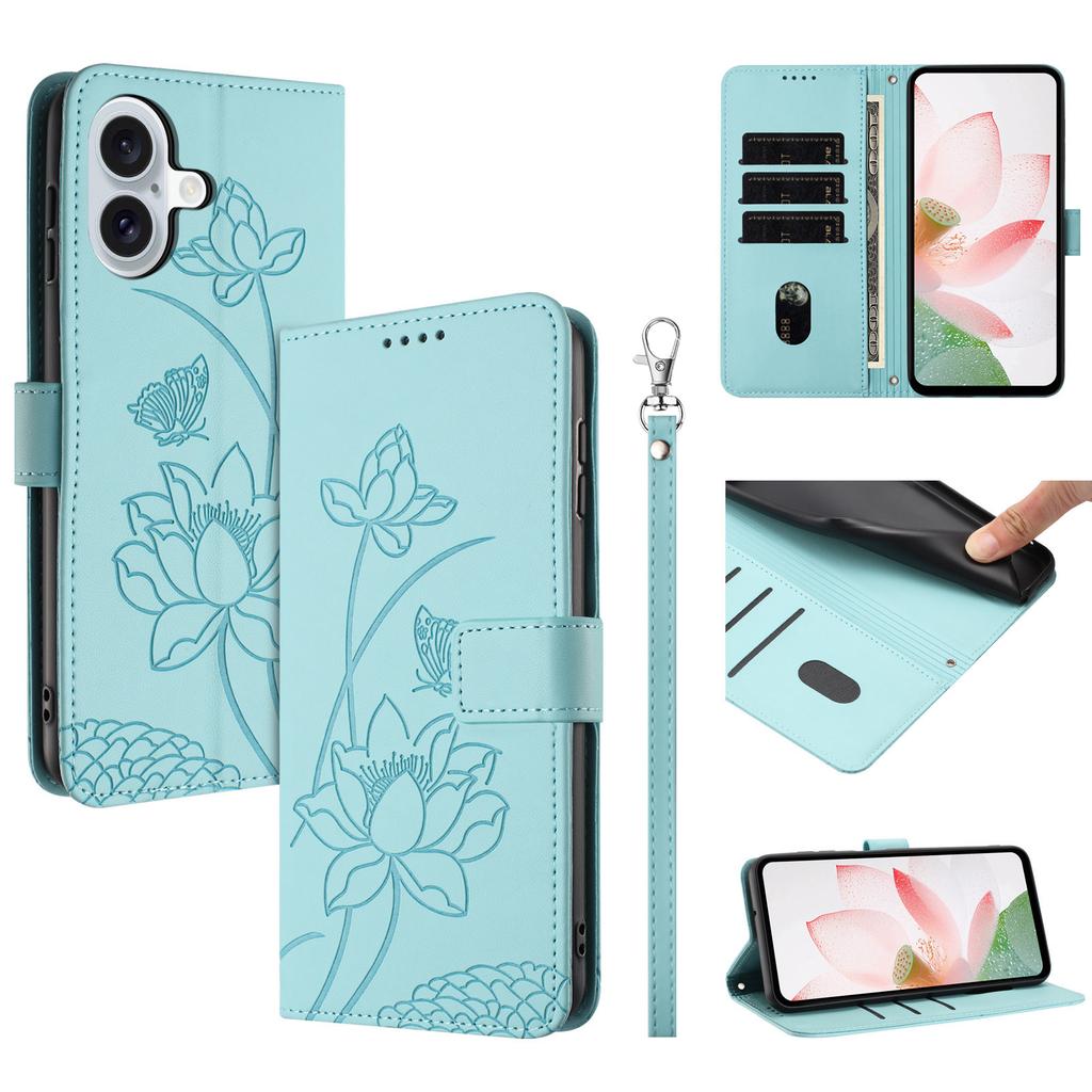 For iPhone 17 Case Wallet Stand Lotus Imprint Leather Phone Cover with Wrist Strap