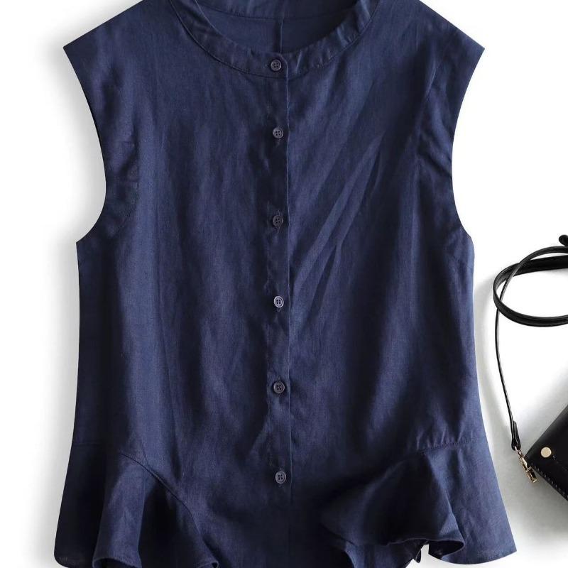 Ruffled Hem Cotton and Linen Sleeveless Shirt for Women Summer Design Thin Waistcoat Vest Flying Sleeve Cardigan Top