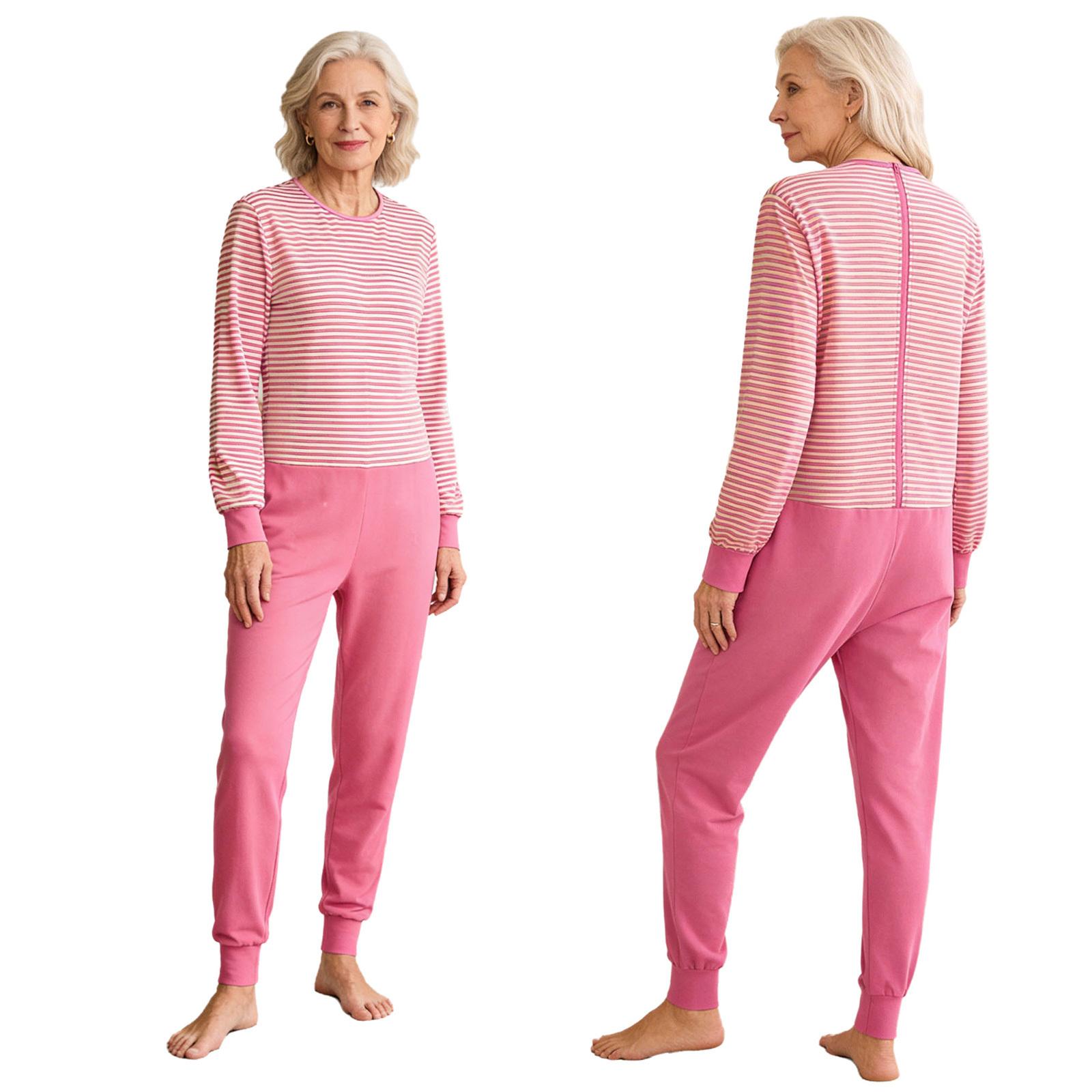 S-XXL Damen Ältere Alzheimer Pflege Gestreifter Overall Langarm Reißverschluss hinten und an den Beinen Anti-strip Body für besondere Pflegebedürfnisse XXL