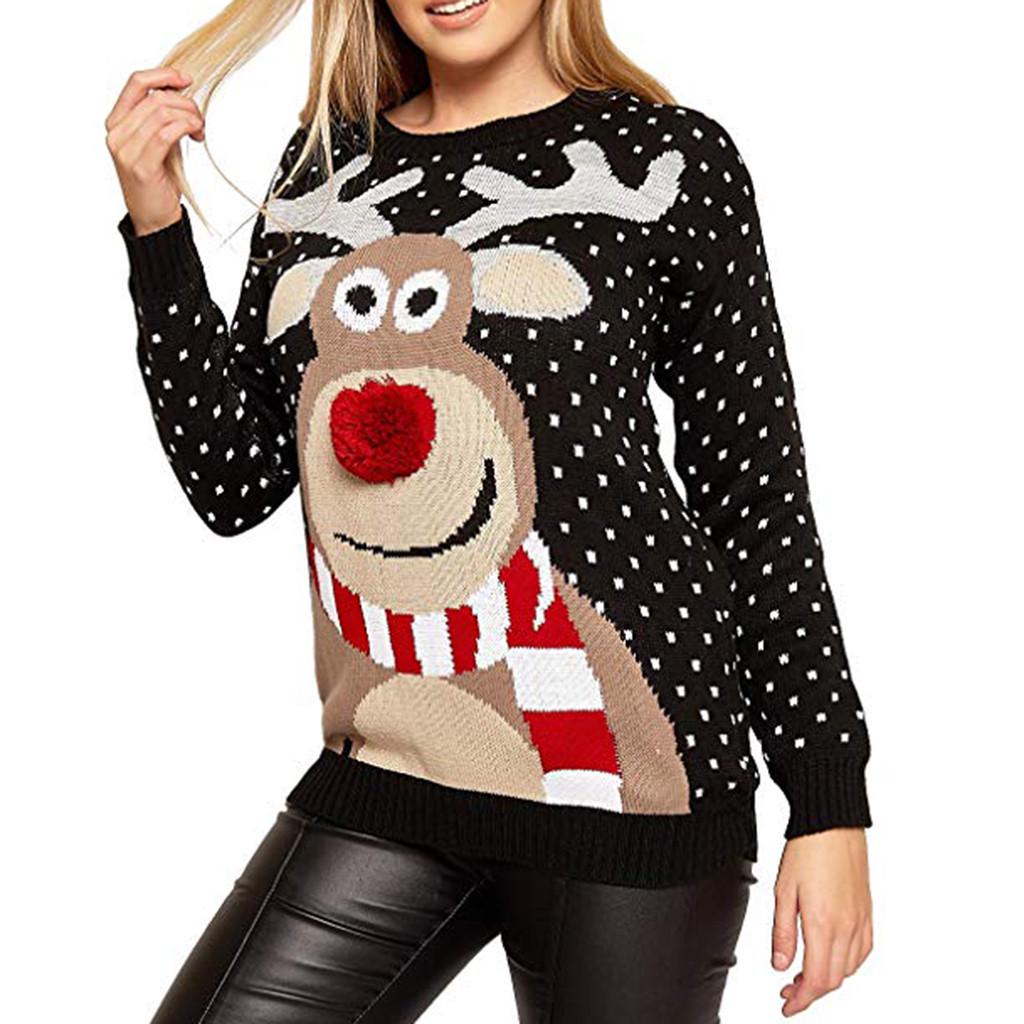 Women Christmas Deer Warm Knitted Long Sleeve Sweater Jumper Top Blouse