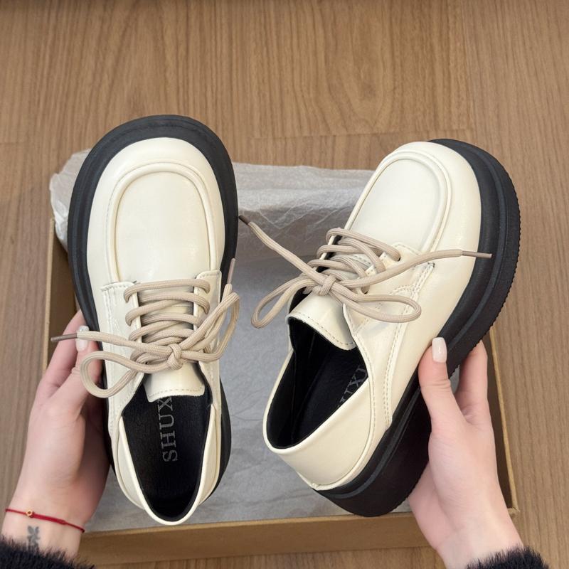 2026 New Spring Women Chunky Loafers Shoes Concise Round Toe Lace Up Shoes Female British Style Dress Leather Single Shoes