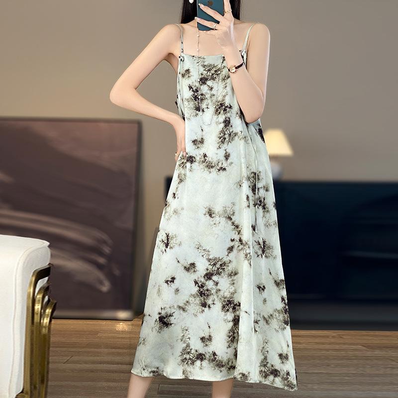 Women's Silk Satin Spring and Summer Floral Halter Dress Show Temperament Elegant Loose National Style Slimming Dress