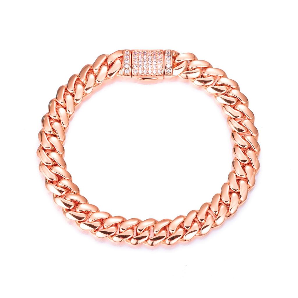 8mm Brass Zircon Real Gold-Plated Hip-Hop Smooth Cuban Chain Trendy Personalized Unisex Bracelet Jewelry Cross-Border Europe
