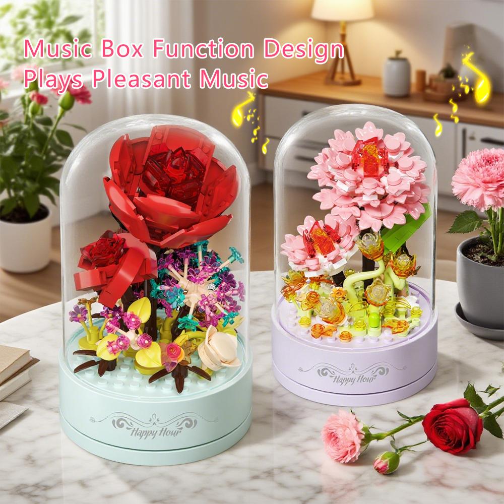 3D Moc Block-Assembled Plastic Flower Carousel Music Box - Sunflower Rose Cake Ferris Wheel Gift For Adults  Girls
