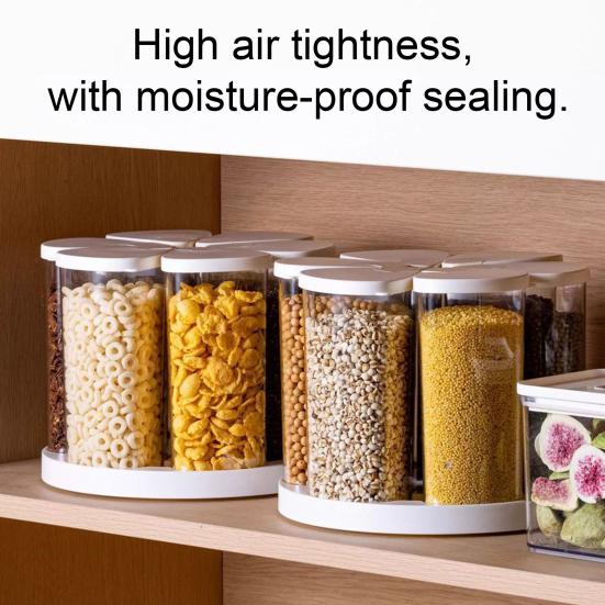 360-Degree Rotating Grain Dispenser Dry Food Storage Bin with Lids Cereal Dispenser with 6 Sealed Containers for Rice Flour Oats Pantry Countertop