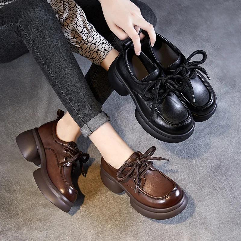 Fashion 6CM Luxury Design Chunky Platform Pumps Women Thick High Heel Genuine Cow Leather Handmade Retro Lace-Up Casual Women Shoes