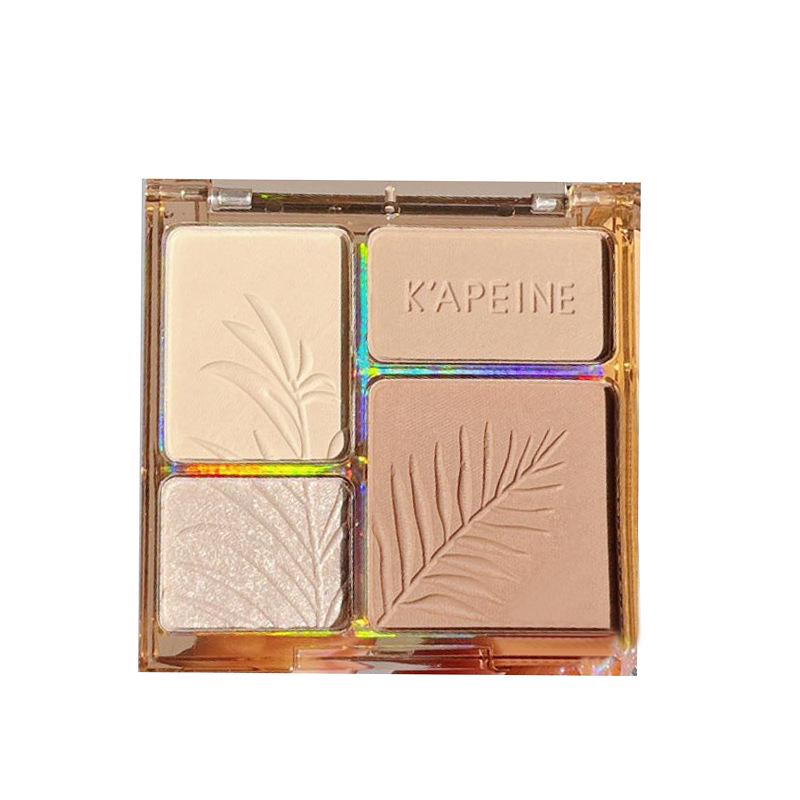 Four-Color Contour & Highlight Palette: Pearlescent Matte, Brightening Glitter, Natural 3D Finish.