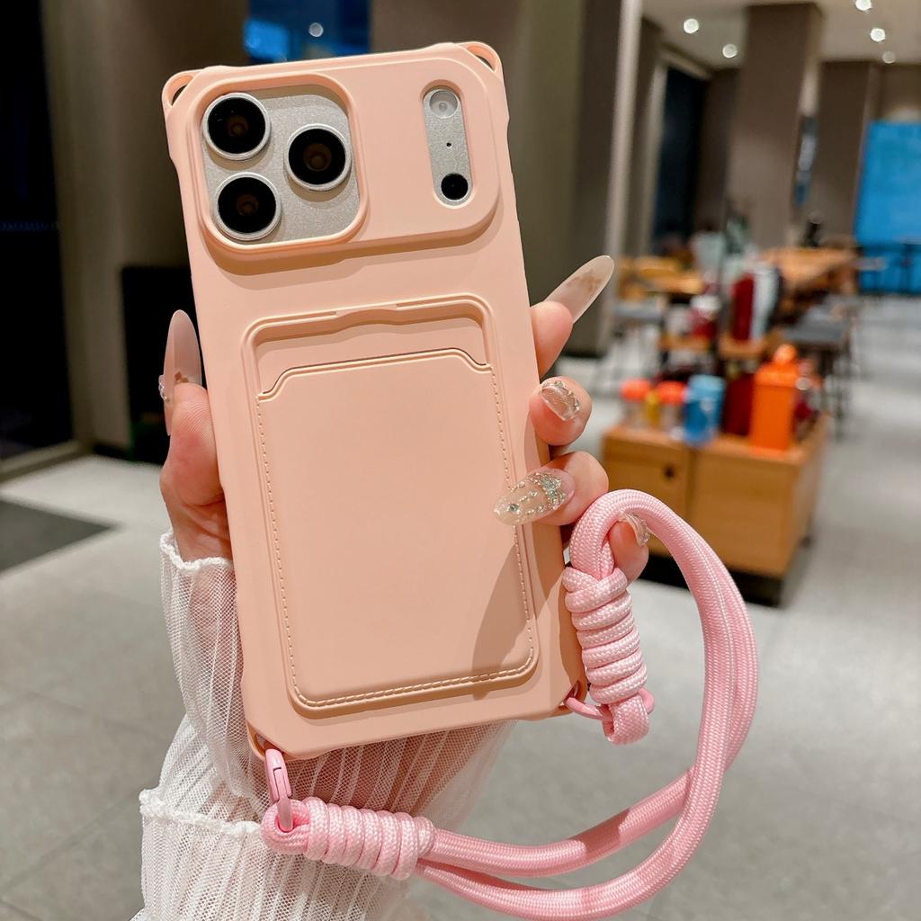 Wallet Card Slot Holder Silicone Slot Lanyard Phone Case for IPhone 17 Air 17E 16E 15 14 Plus 13 12 11 Pro Max Wristband Cover