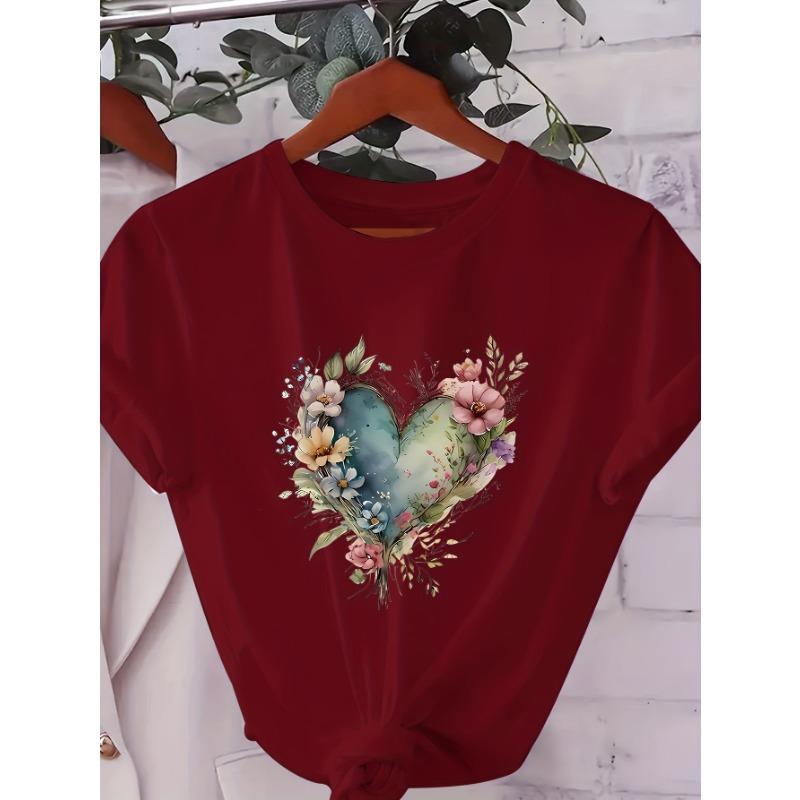 Love Bouquet Woven Pattern Round Neck T-shirt for Women Summer Breathable and Comfortable Fabric