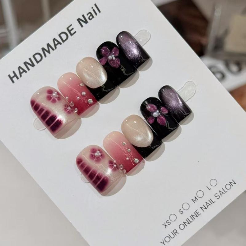 Handmade Press On Nails Pink to Black Gradient with 3D Flower  Cat Eye Design XS