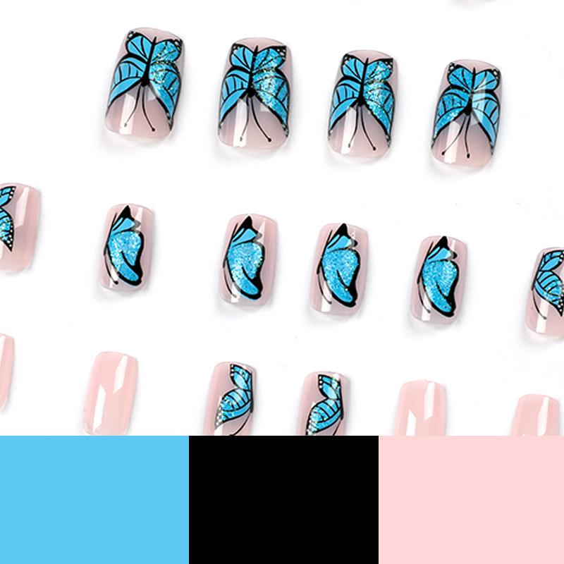 Wear nail art glitter blue butterfly nail piece fake nail removable finger press on nails