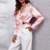 Woman's Fashion Casual V-Neck Solid Button Satin Imitation Silk Long Sleeved Shirt Top