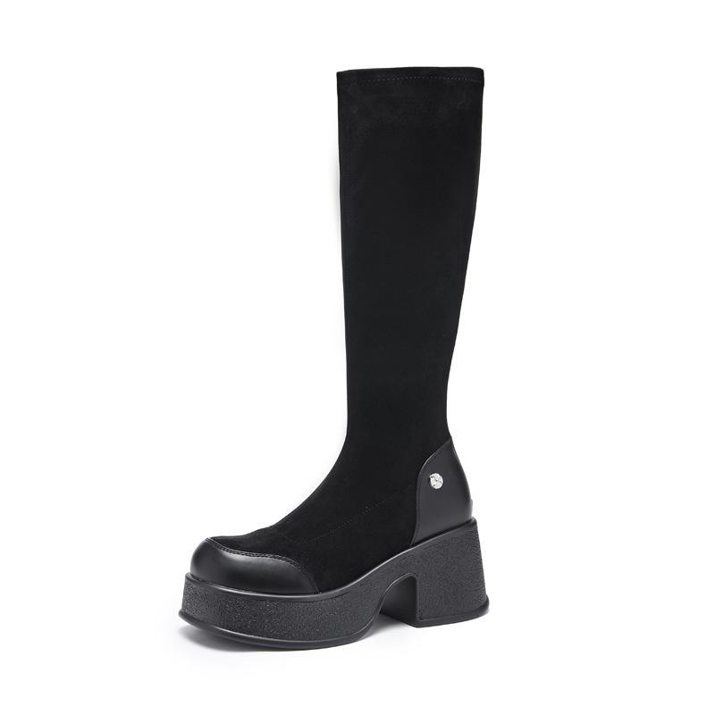8573-85712025 Autumn New Retro Small Thick-soled Elastic Boots Skinny Boots Suede Martin Boots Women