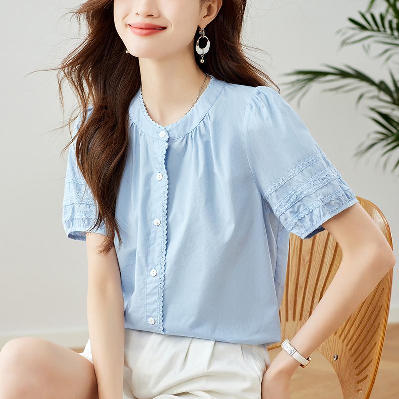 Spitze Rundhals Kurzarmshirt für Sommer Neu Pendeln Süßer Stil Nische Schickes Oberteil