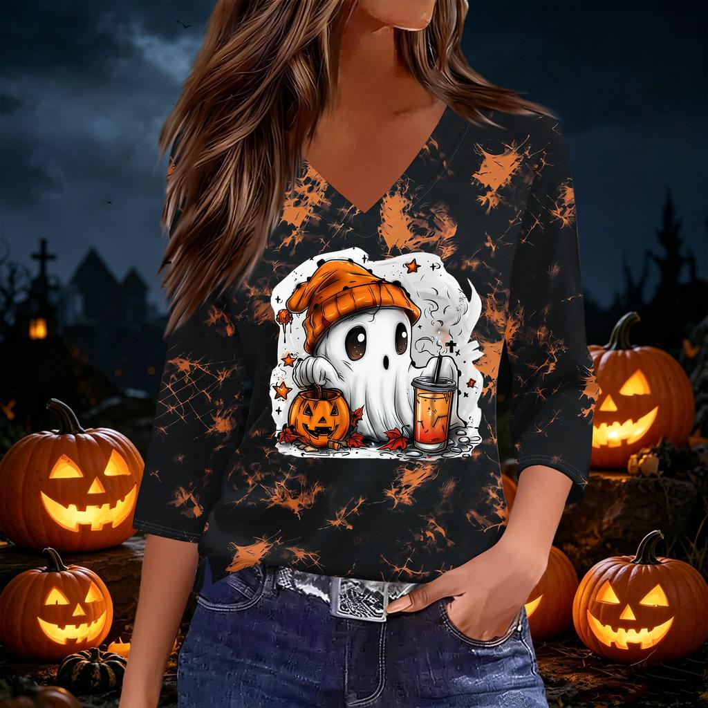 Women's Casual V-Neck Three-Quarter Sleeve Top with Halloween Print