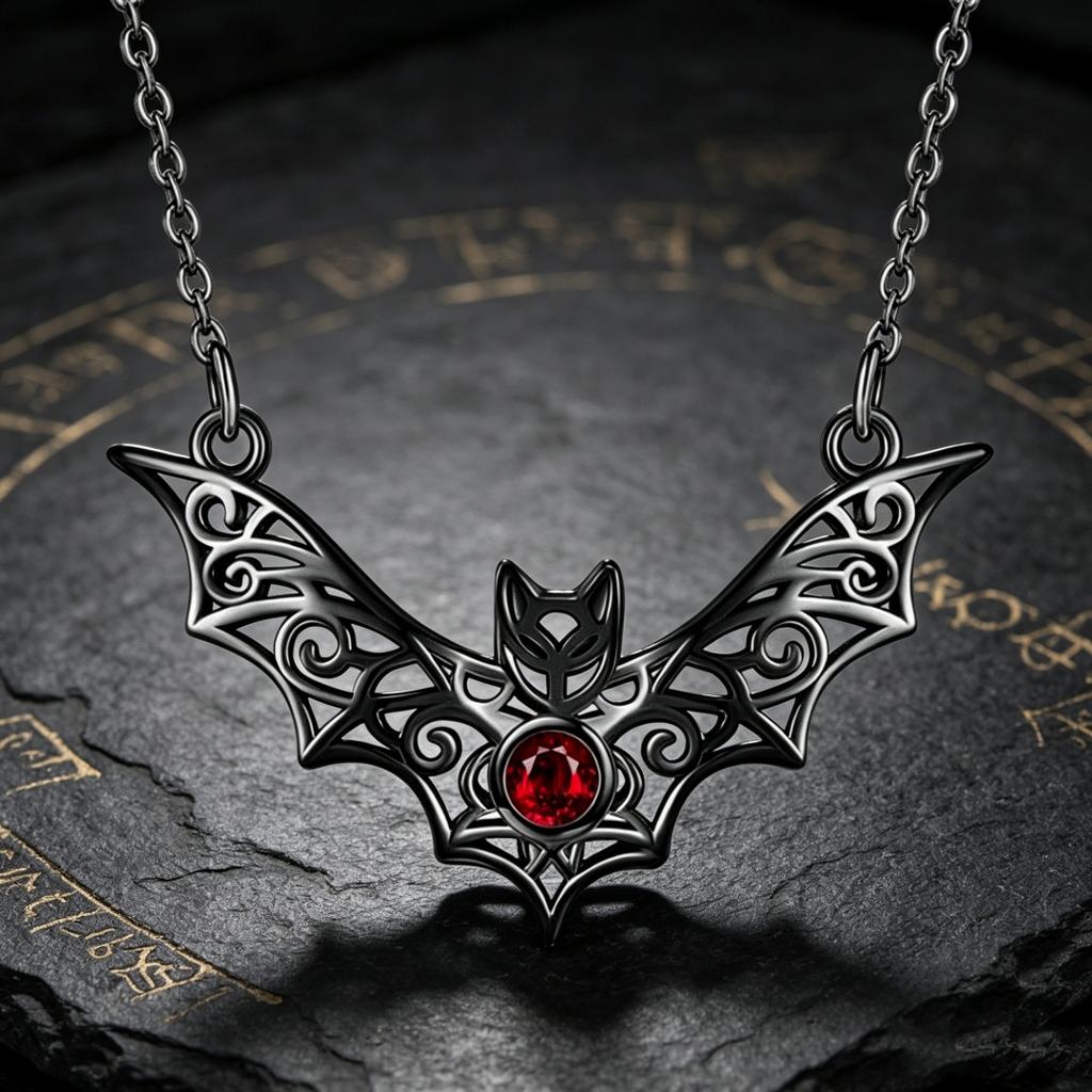 Halloween Gothic Female Round Red Stone Skeleton Bat Pendant Necklace Black Color Wedding Jewelry For Women