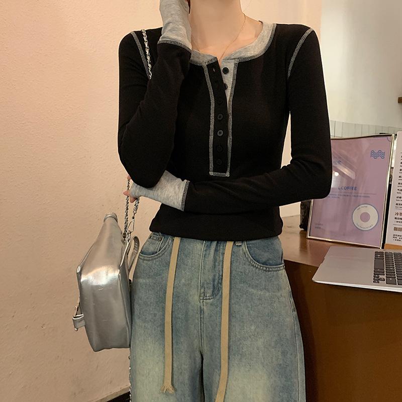 Vintage front shoulder long-sleeved T-shirt women's spring contrasting colors single-breasted slim-fit Spice girl inner top base