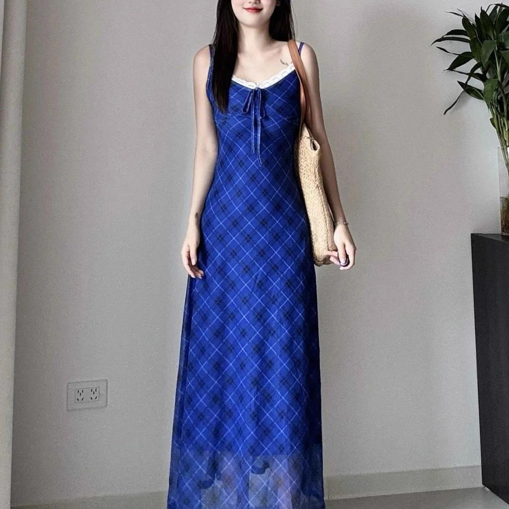 Blue Plaid V-neck Suspender Dress Women's Summer Lace Splicing Slim Skirt Vacation Style Waist A-word Long Dress