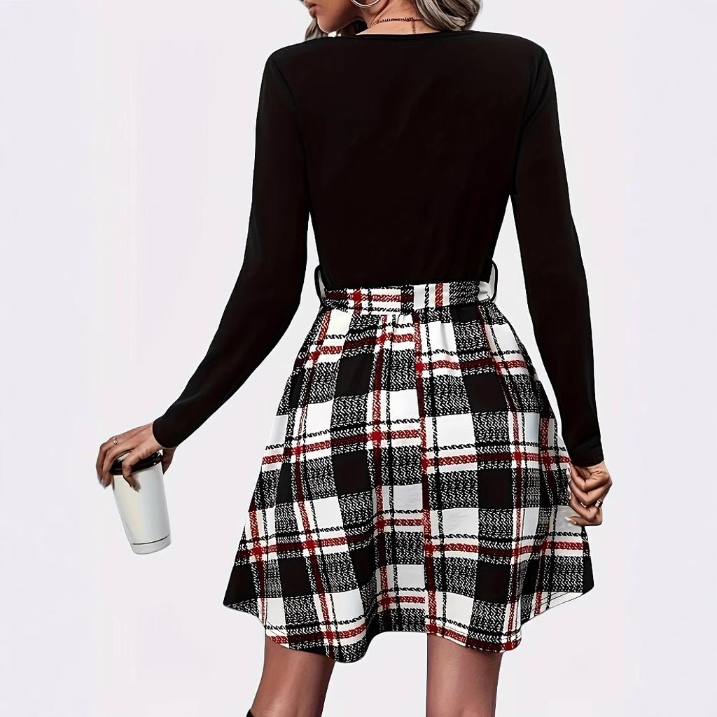 JKASHDK Women's Fashion Spring Fall Plaid Print Long Sleeve O-Neck High Waist Casual Dresses