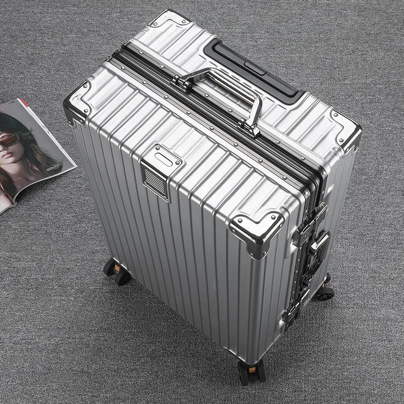 Large Capacity Aluminum Frame Travel Suitcase with Combination Lock, Trolley Wheels, and Durable Design for Men and Women.
