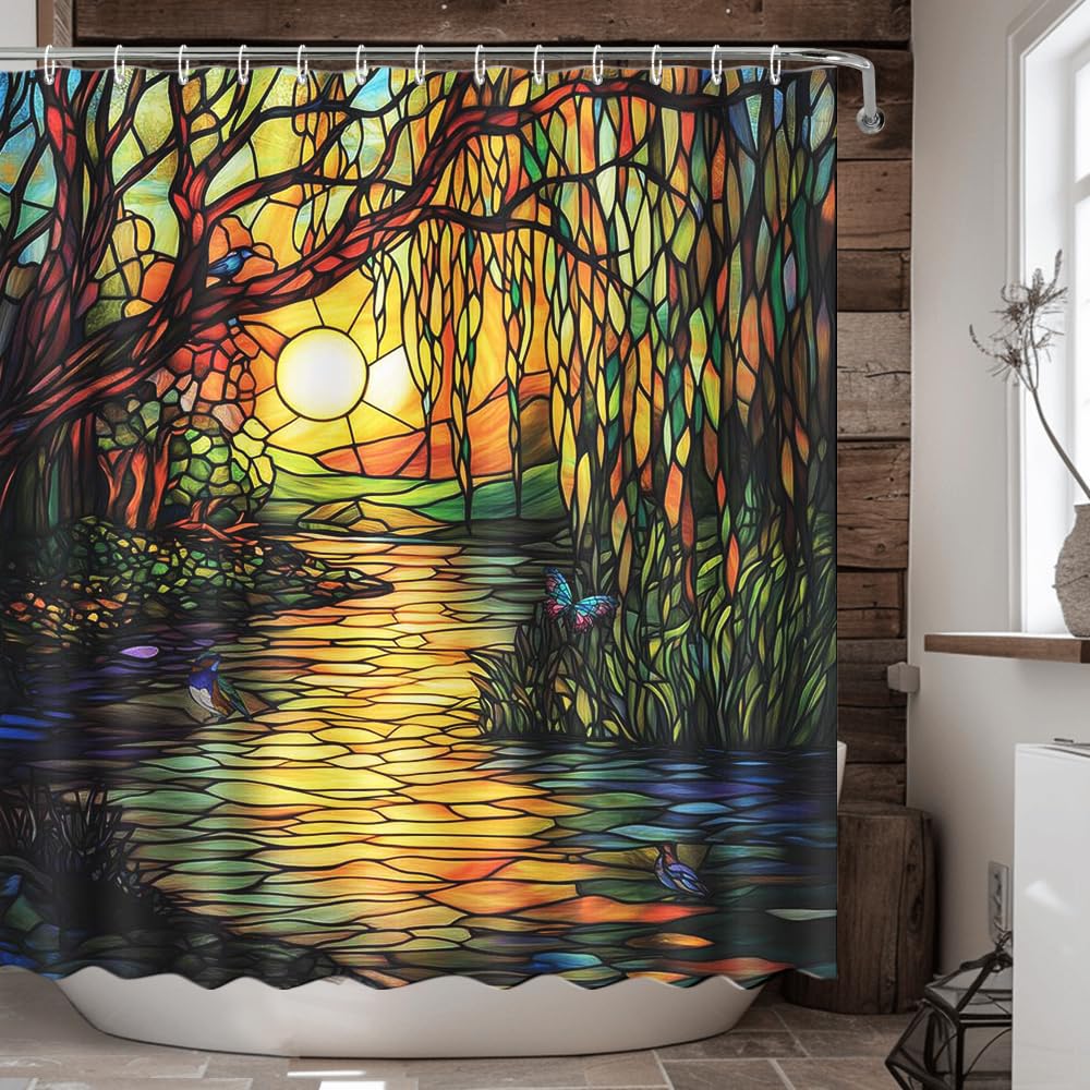 

Birch Tree Shower Curtain Stained Glass Green Forest Nature Outdoor Themed Waterproof Fabric Bathtub Decor Accessory Gift W60H190(CM)-1 Pcs