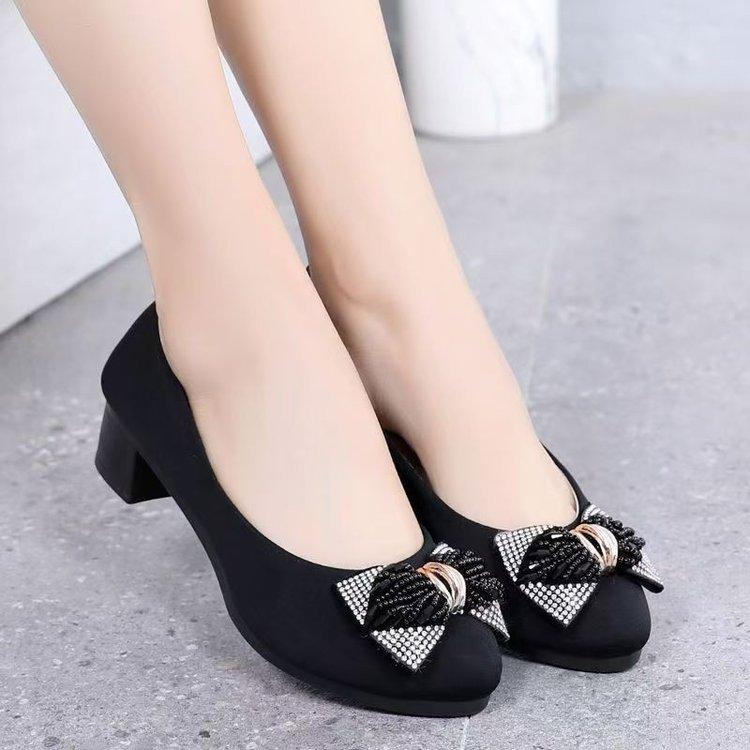 Single shoes fashion rhinestone bow women 2025 autumn new versatile thick heel soft sole work shoes suede shoes